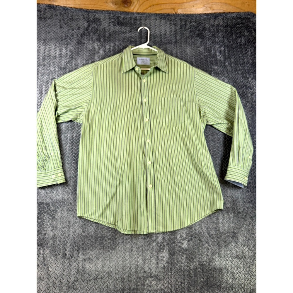 Croft & Barrow Shirt Mens Large‎ Black Green Striped Easy Care Classic Button Up